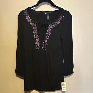 INC International Concepts Black Blouse with Purple Embroidery
